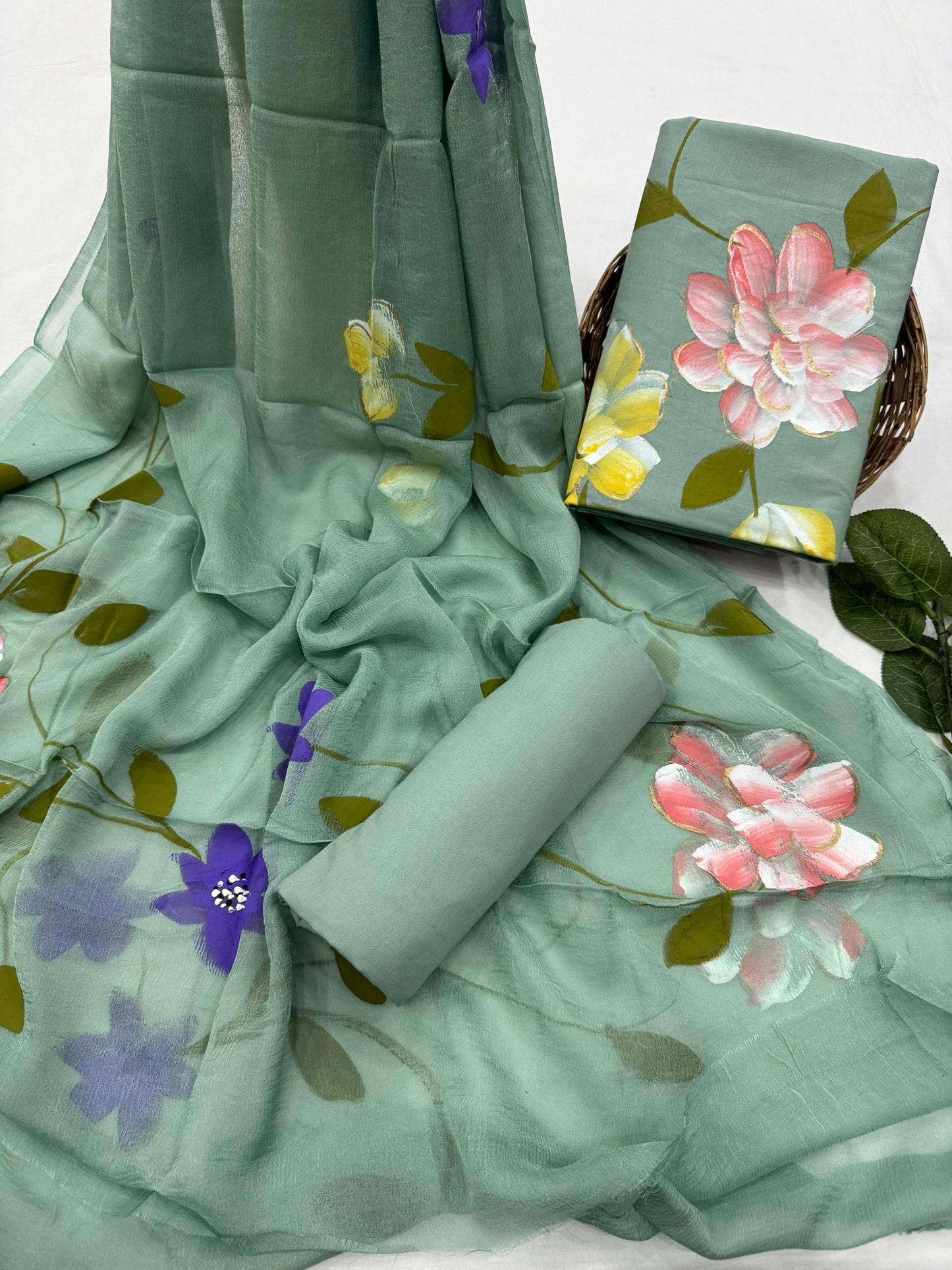Beautiful Sea Green Hand Painted Cotton Suit With Hand Painted Chiffon Dupatta