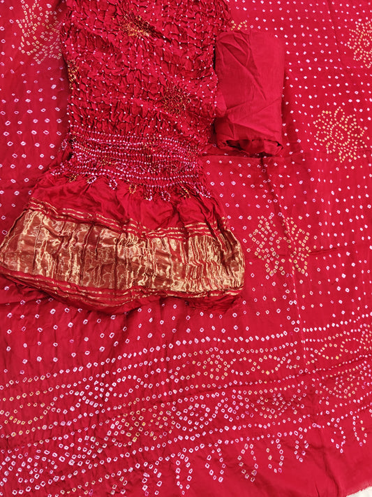 RED BANDHANI PURE GAJJI SILK FABRIC SUITS WITH HEAVY ZARI RICH HAND PALLU DUPATTA
