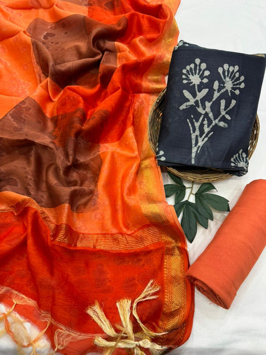 Traditional Handblock Printed Maheshwari Silk Unstitched Suit Set – Handloom Fabric & Santoon Bottom