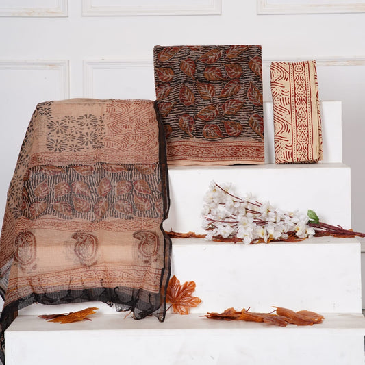 Bagru Handblock Printed Kota Doria Suit Material With Kota Doria Dupatta with Jari Border
