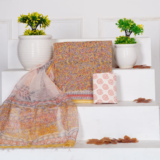 Yellow Handblock Printed Kota Doria Suit Material With Kota Doria Dupatta with Jari Border