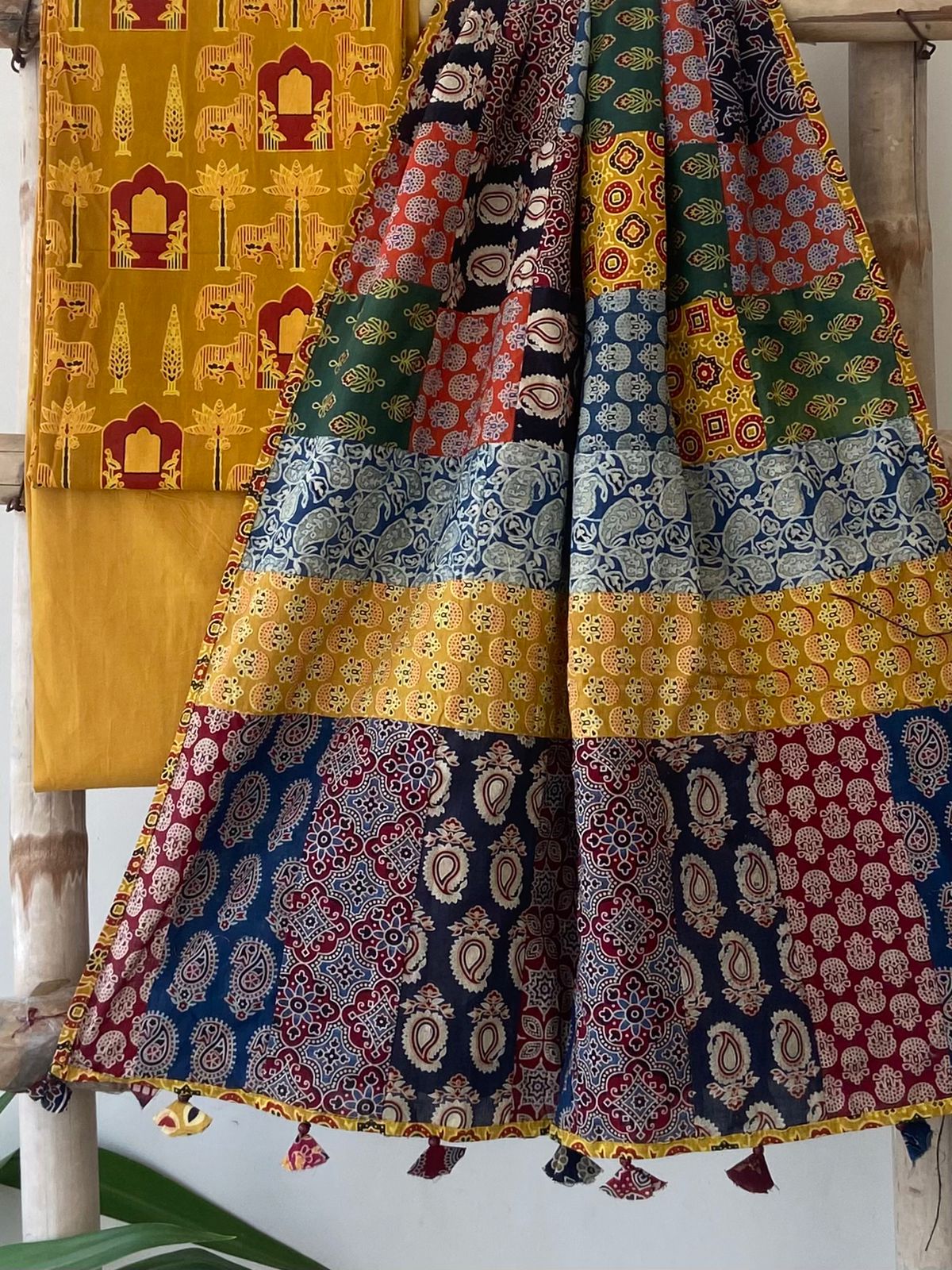 Ajrakh Dupatta suit With hand applique mirror work Ajarakh print Suit pcs with patch work and mirror work dupatta