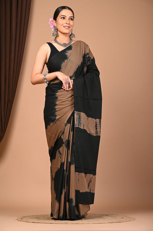 Hand Block Printed Cotton Mulmul Saree with Blouse Piece