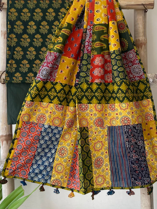 Ajrakh Dupatta suit With hand applique mirror work Ajarakh print Suit pcs with patch work and mirror work dupatta