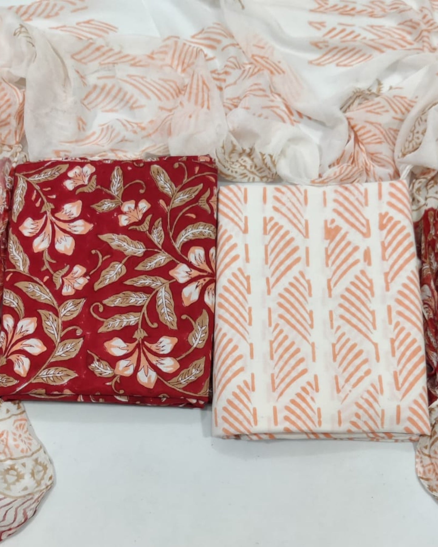 Rapid Hand Block Printed Cotton Suit With Chiffon Dupatta