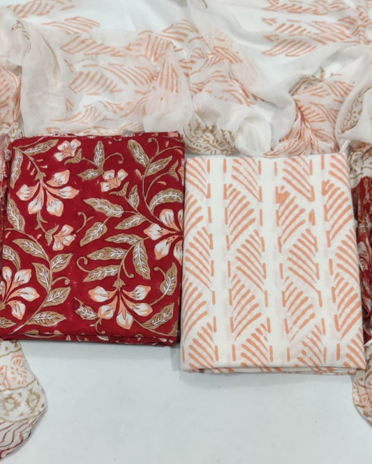 Rapid Hand Block Printed Cotton Suit With Chiffon Dupatta