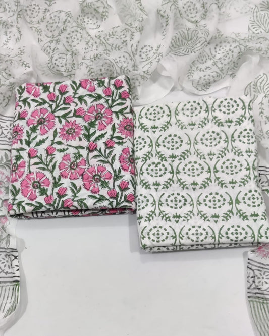 Rapid Hand Block Printed Cotton Suit With Chiffon Dupatta
