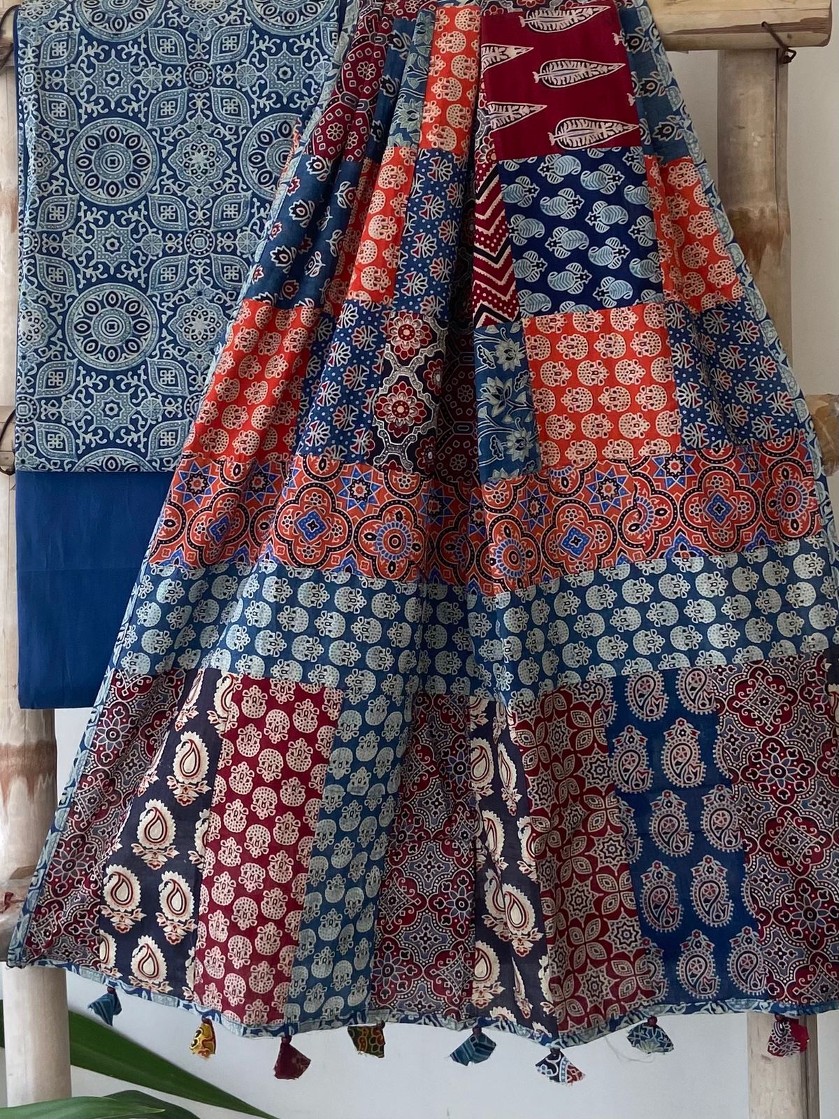 Ajrakh Dupatta suit With hand applique mirror work Ajarakh print Suit pcs with patch work and mirror work dupatta