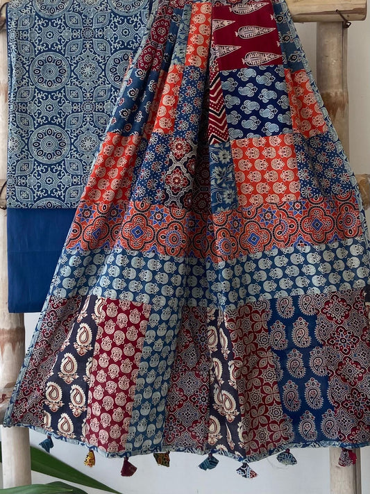 Ajrakh Dupatta suit With hand applique mirror work Ajarakh print Suit pcs with patch work and mirror work dupatta