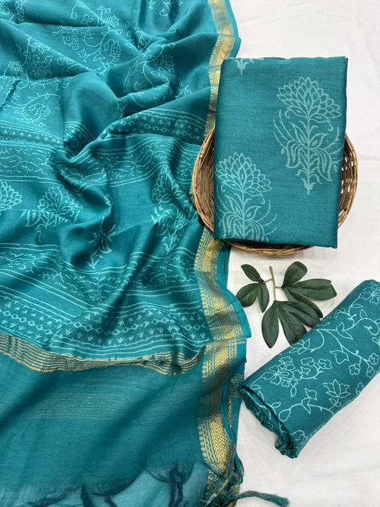 Lightweight Maheshwari Silk Unstitched Suit – Top & Dupatta 2.5m, Santoon Bottom