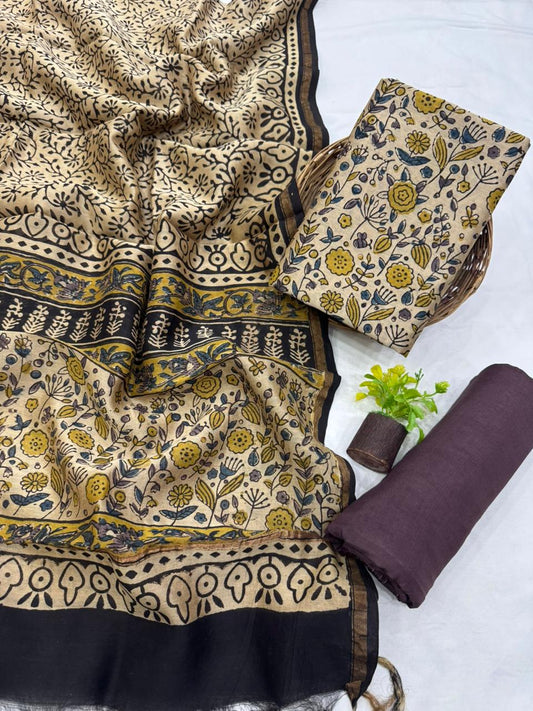 Premium Handblock Print Pure Chanderi Silk Unstitched Suit Set – Handwoven Zari Border | The Bhankar’s