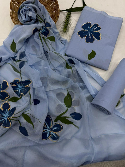 English Blue Beautiful Hand Painted Cotton Suit With Hand Painted Chiffon Dupatta