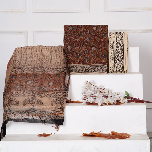 Kalamkari Handblock Printed Kota Doria Suit Material With Kota Doria Dupatta with Jari Border
