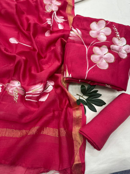 Megenta Handpainted Premium Maheshwari Silk Unstitched Suit with Santoon Bottom – Festive Ready