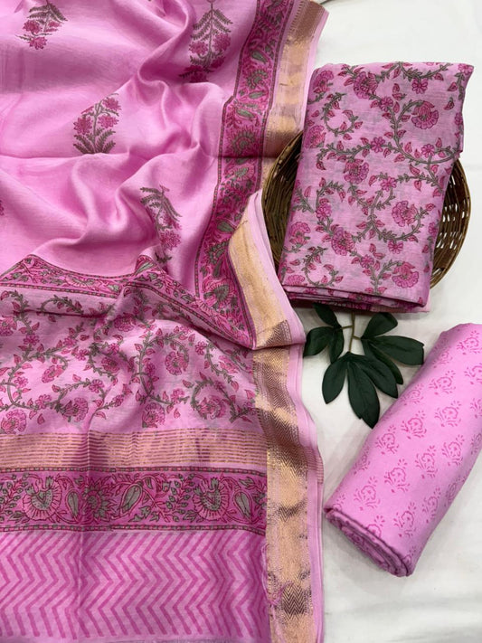 Beautiful Pink Handblock Premium Maheshwari Silk Unstitched Suit with Santoon Bottom – Festive Ready