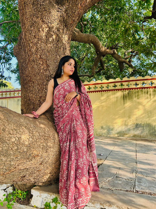 Bagru Kalamkari Handblock Printed Cotton Mulmul Saree with Blouse Piece