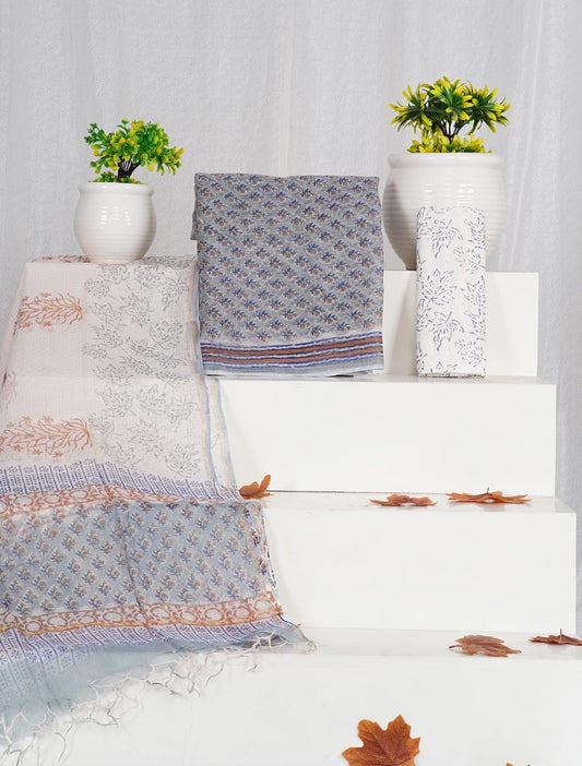 Handblock Printed Kota Doria Suit Material With Kota Doria Dupatta with Jari Border