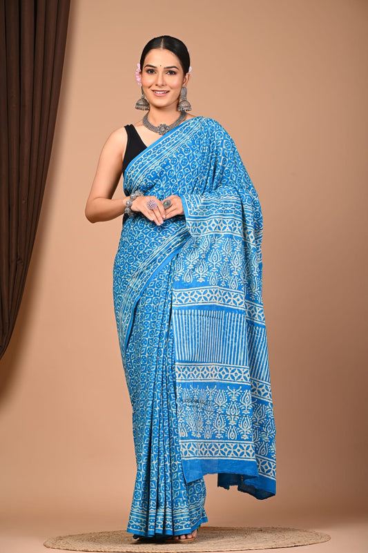 Sky Blue Handblock Printed Cotton Mulmul Saree with Blouse Piece