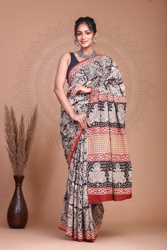 Bagru Kalamkari Handblock Printed Cotton Mulmul Saree with Blouse Piece
