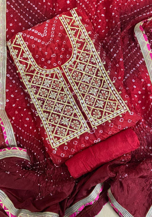 RED MAROON BANDHANI HEAVY ART SILK FABRIC DOUBLE SHADES SUITS WITH BEAUTIFUL HAND GOTAPATTI WORK DUPATTA