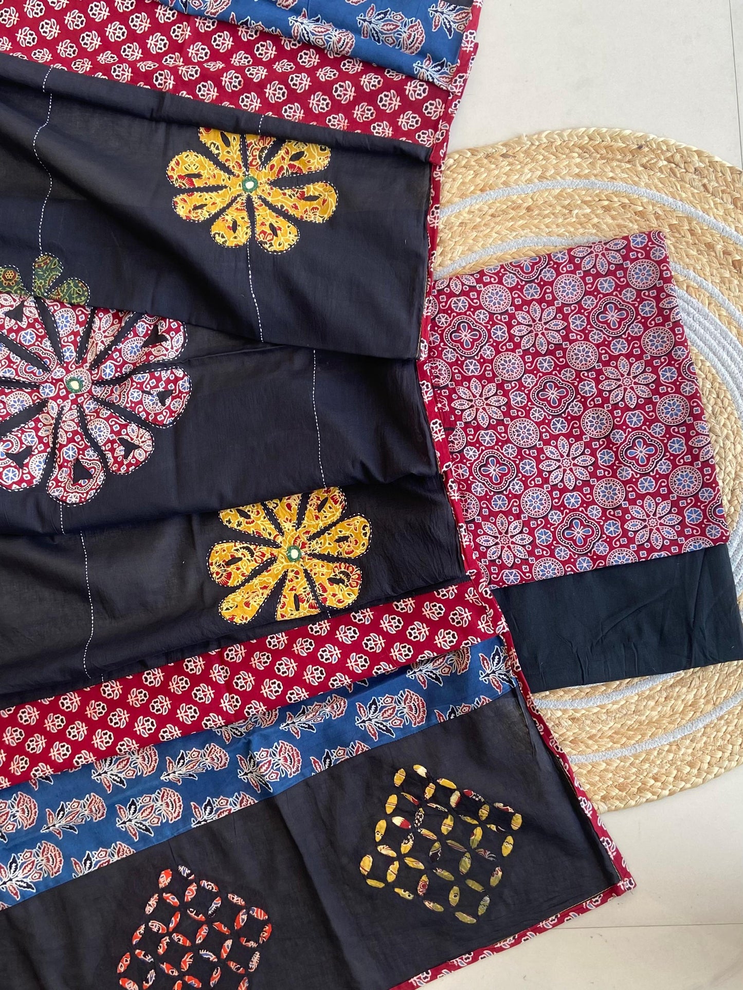 Ajrakh Dupatta suit With hand applique mirror work Ajarakh print Suit pcs with patch work and mirror work dupatta