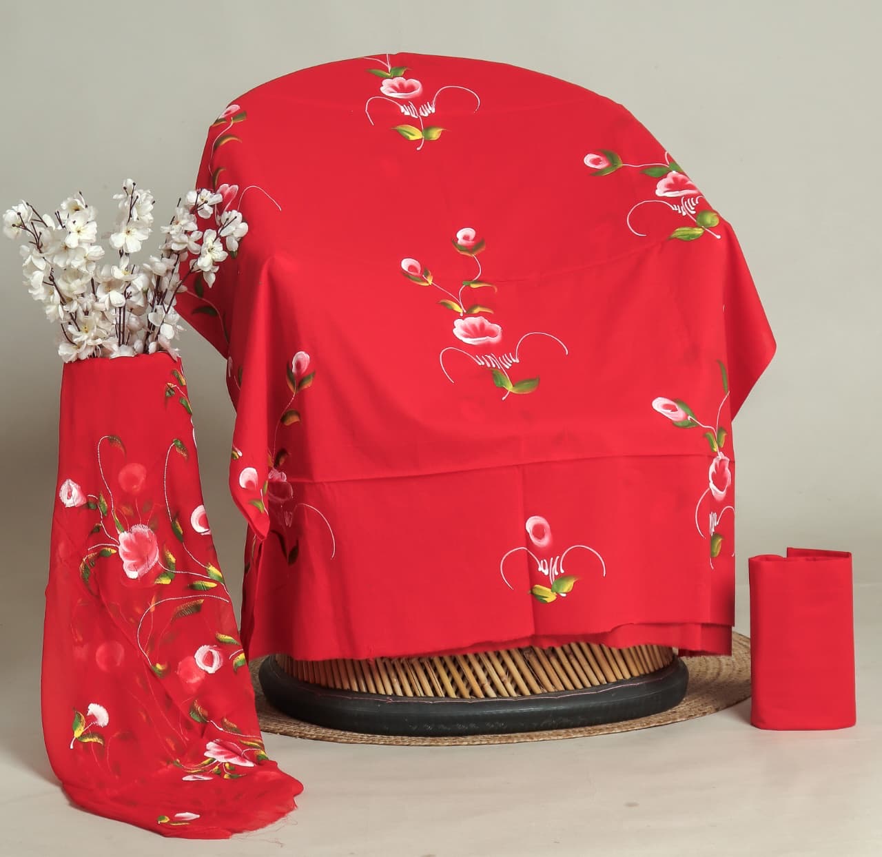 RED combination Beautiful Hand Painted Cotton Suit With Hand Painted Chiffon Dupatta