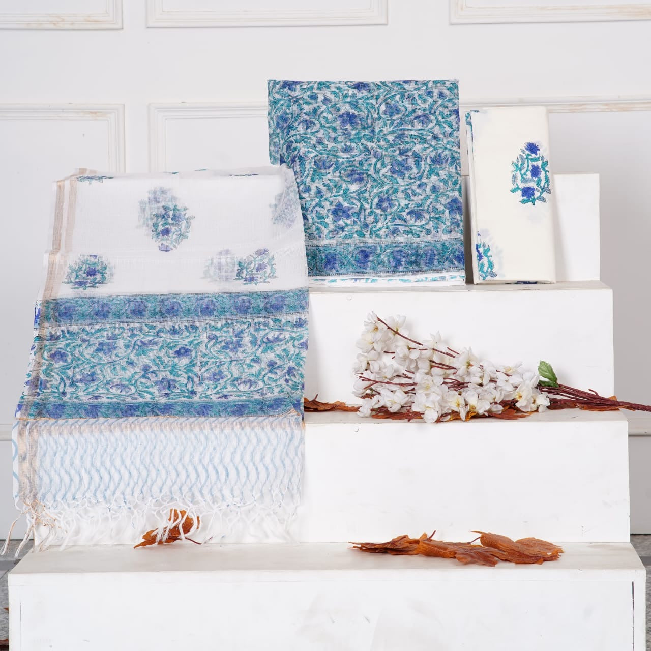 Mughal Buta Handblock Printed Kota Doria Suit Material With Kota Doria Dupatta with Jari Border