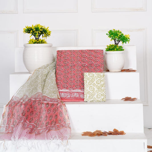 Sanganeri Handblock Printed Kota Doria Suit Material With Kota Doria Dupatta with Jari Border