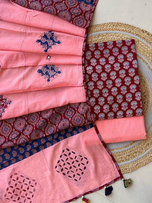 Ajrakh Dupatta suit With hand applique mirror work Ajarakh print Suit pcs with patch work and mirror work dupatta