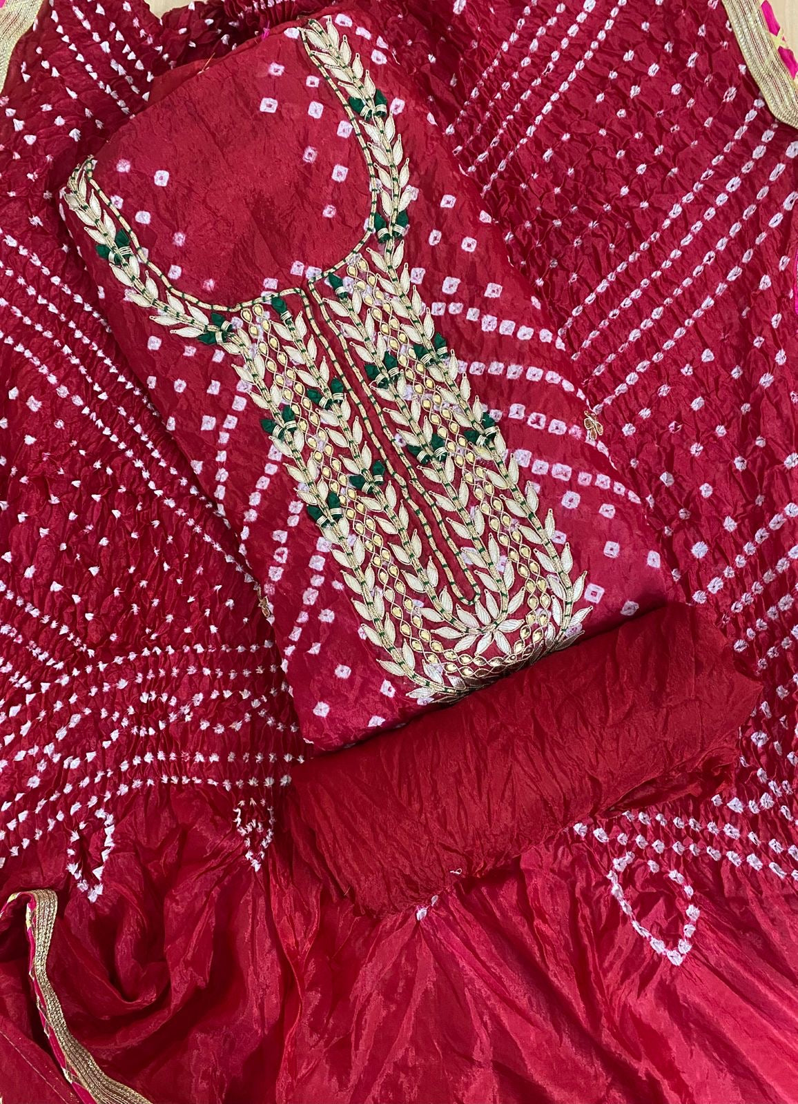 RED BANDHANI HEAVY SILK FABRIC SUITS WITH BEAUTIFUL HAND GOTAPATTI WORK DUPATTA