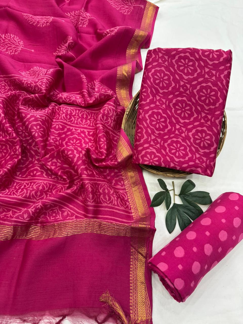 Blockprint magentaPremium Maheshwari Silk Unstitched Suit with Santoon Bottom – Festive Ready