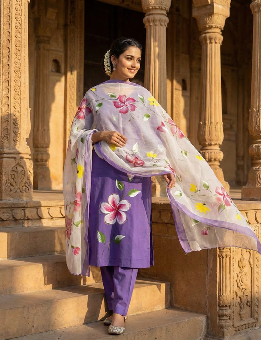 Baingani Hand Painted Cotton Suit With Hand Painted Chiffon Dupatta