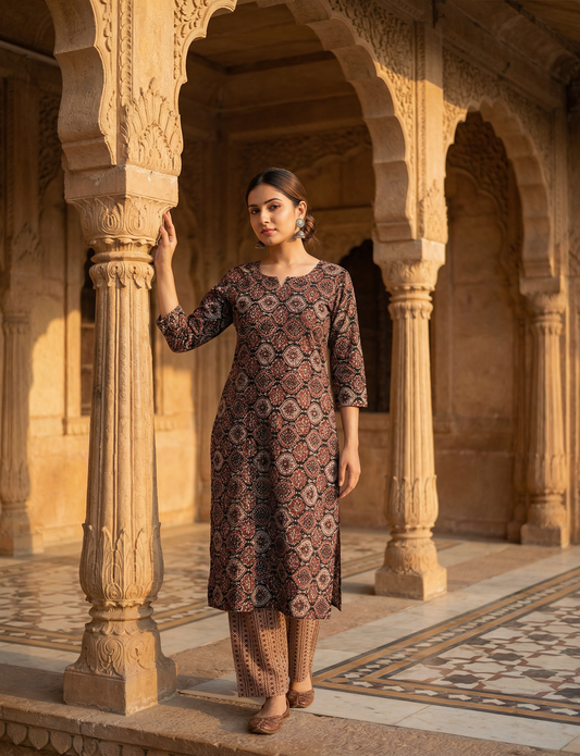 Black Ajrakh Top and Bottom Cotton Combo Set
