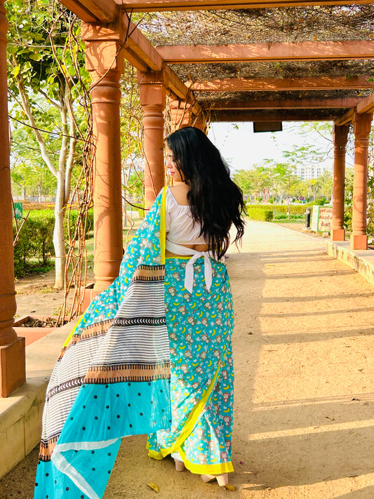 Monkey Banana Handblock Printed Cotton Mulmul Saree with Blouse Piece