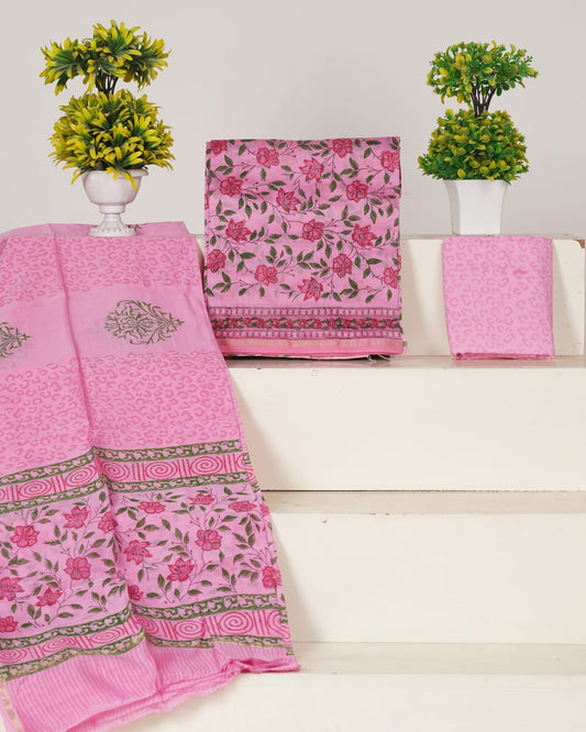 Pink Handblock Print Pure Chanderi Silk Unstitched Suit Set – Handwoven Zari Border | The Bhankar’s