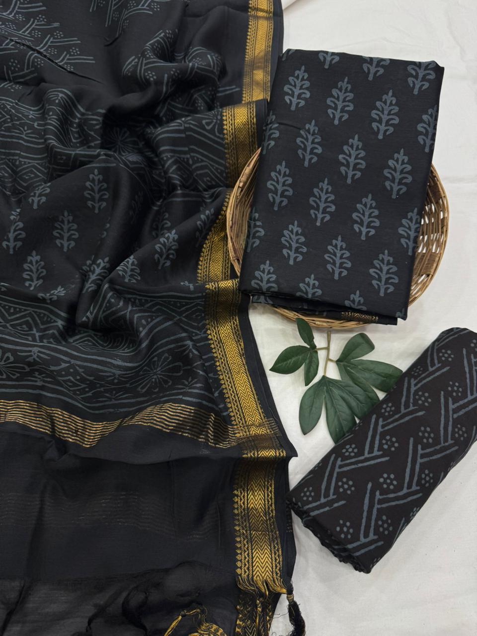 Handcrafted Maheshwari Silk Unstitched Suit – Santoon Bottom Included