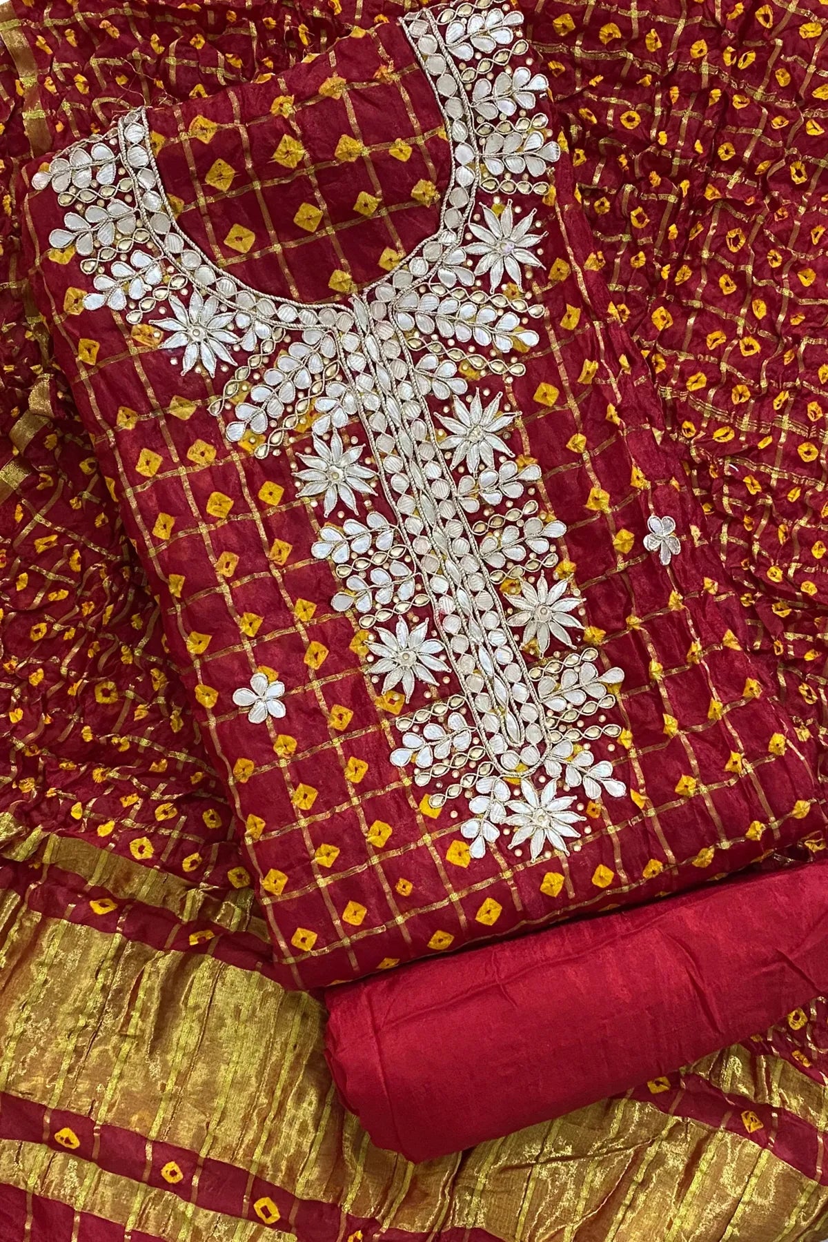 RED GHATCHOLA Round Neck BANDHANI Art SILK FABRIC SUITS WITH BEAUTIFUL HAND GOTAPATTI WORK DUPATTA