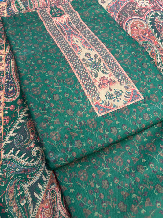 Green Panel Style Floral Printed Semi Pashmina Winter Suit Set