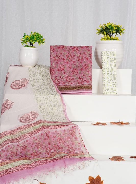 Pink Handblock Printed Kota Doria Suit Material With Kota Doria Dupatta with Jari Border