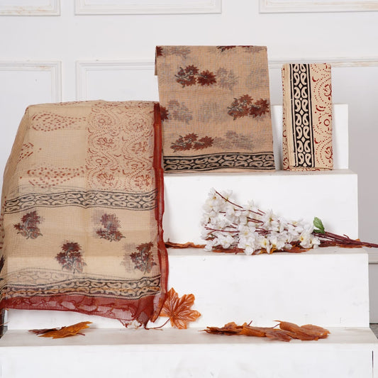 Bagru Dabu Handblock Printed Kota Doria Suit Material With Kota Doria Dupatta with Jari Border