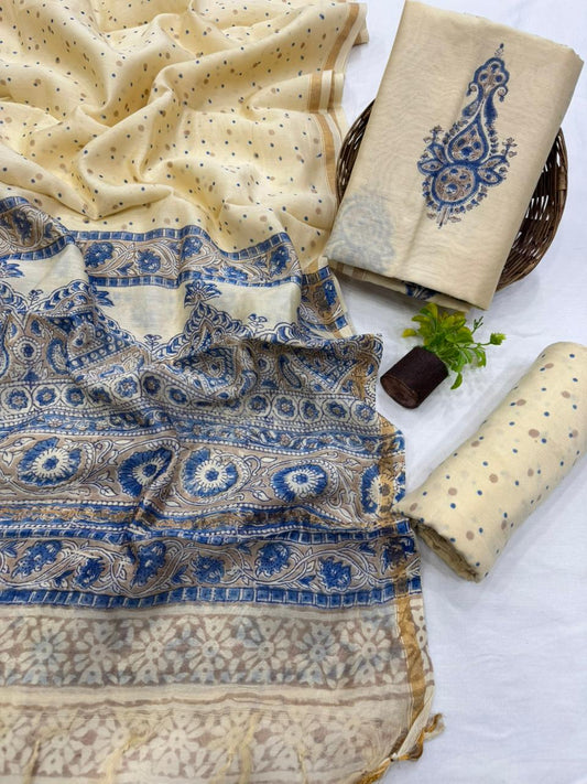 Premium Handblock Print Pure Chanderi Silk Unstitched Suit Set – Handwoven Zari Border | The Bhankar’s
