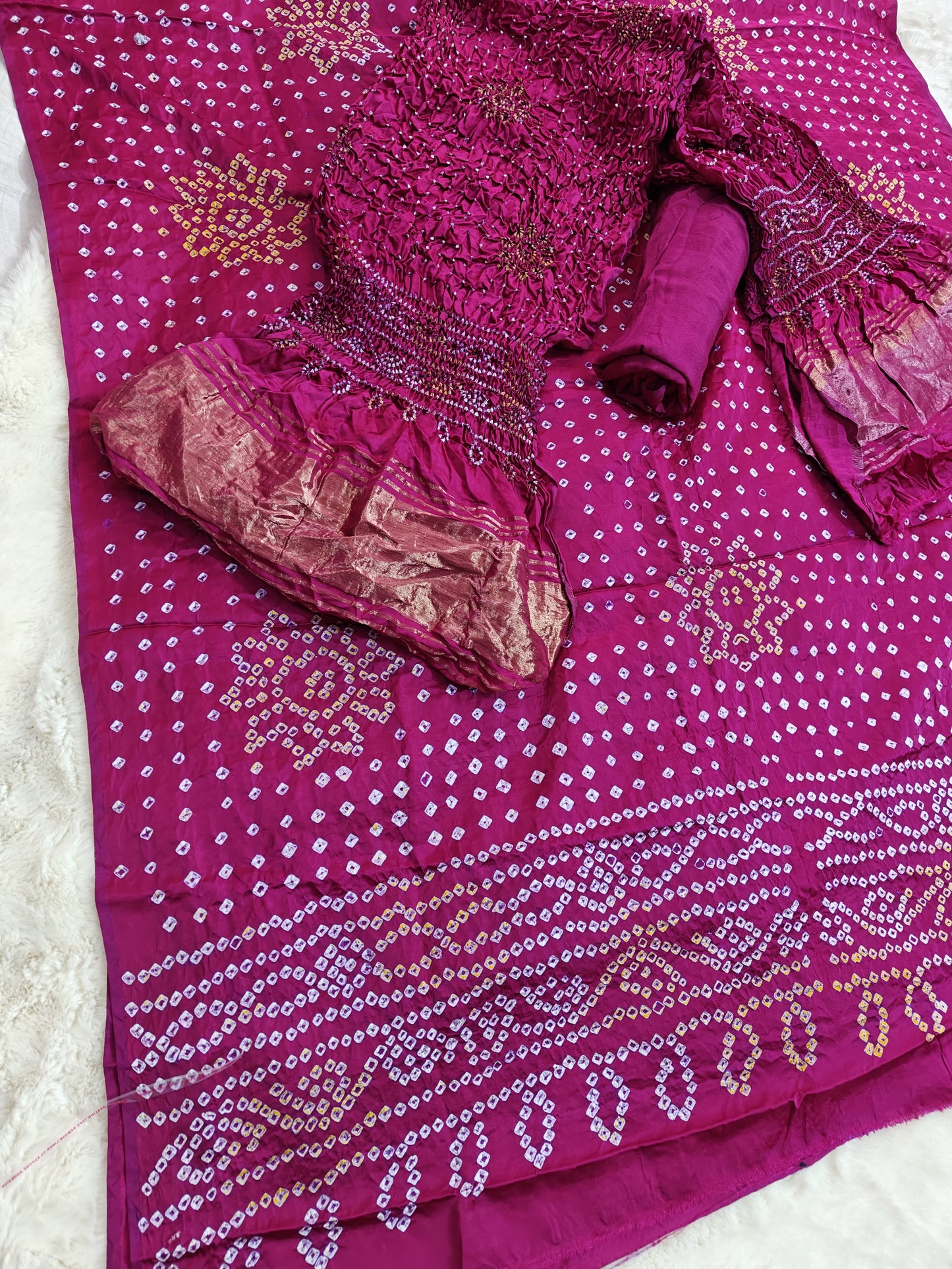 FALSA COLOUR BANDHANI PURE GAJJI SILK FABRIC SUITS WITH HEAVY ZARI RICH HAND PALLU DUPATTA