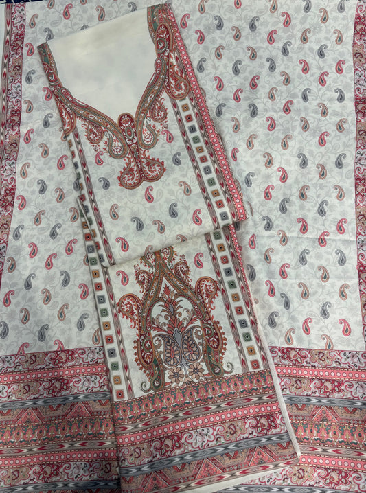 Off White Panel Style Floral Printed Semi Pashmina Winter Suit Set