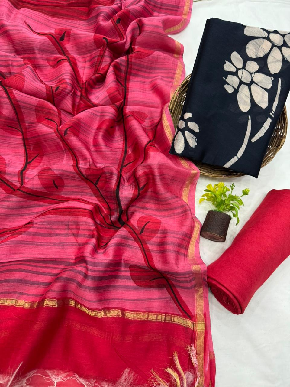 Premium Handblock Print Pure Chanderi Silk Unstitched Suit Set – Handwoven Zari Border | The Bhankar’s