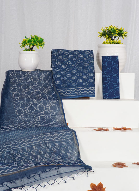 Indigo Dabu Printed Kota Doria Suit Material With Kota Doria Dupatta with Jari Border