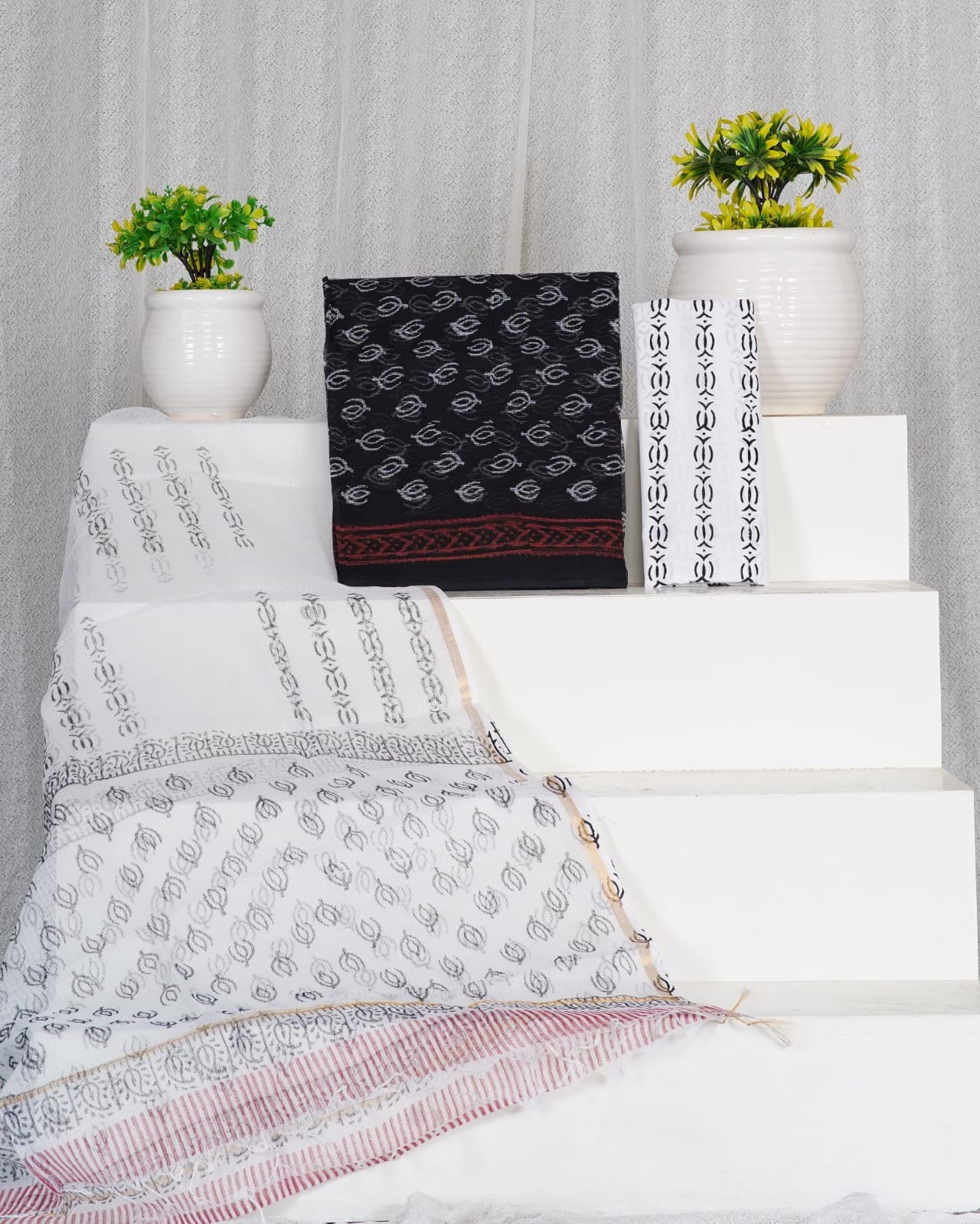 Black & White Handblock Printed Kota Doria Suit Material With Kota Doria Dupatta with Jari Border