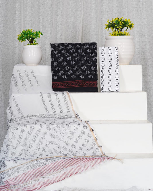 Black & White Handblock Printed Kota Doria Suit Material With Kota Doria Dupatta with Jari Border