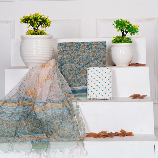 Sanganeri Handblock Printed Kota Doria Suit Material With Kota Doria Dupatta with Jari Border