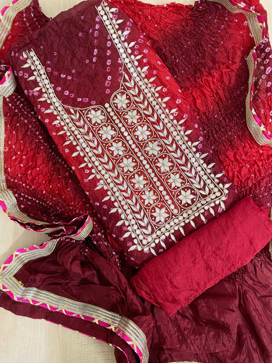 MAHROON RED BANDHANI HEAVY ART SILK FABRIC DOUBLE SHADES SUITS WITH BEAUTIFUL HAND GOTAPATTI WORK DUPATTA