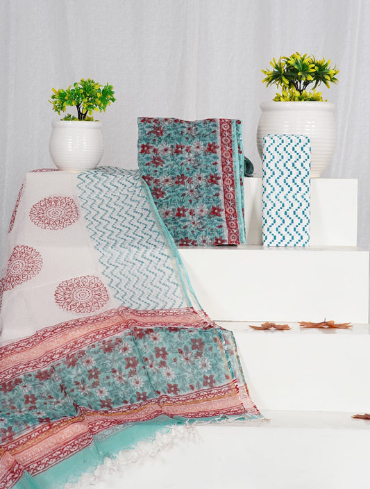 Sanganeri Block Printed Kota Doria Suit Material With Kota Doria Dupatta with Jari Border